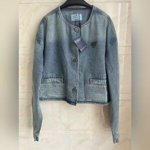PRADA Milano Cropped Denim Jacket With Triangle Logo & Silver Buttons